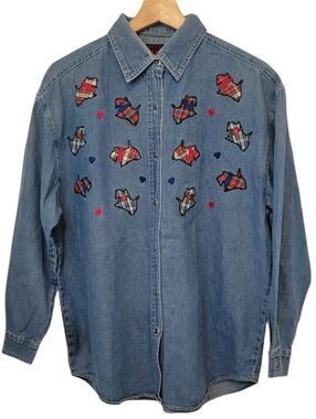 Vintage Quizzz Again & Co Denim Button Down Shirt Embroidered Dogs Plaid Medium
